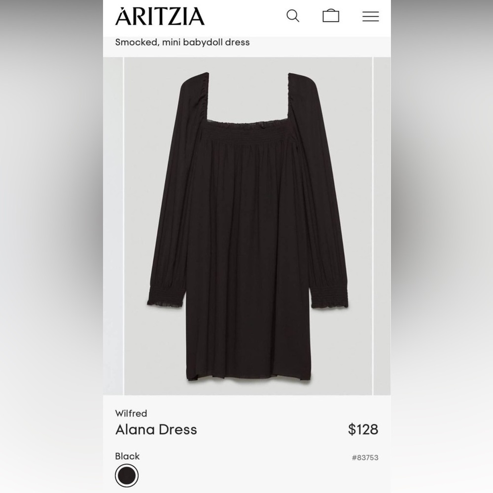 Aritzia babydoll Alana dress XS black